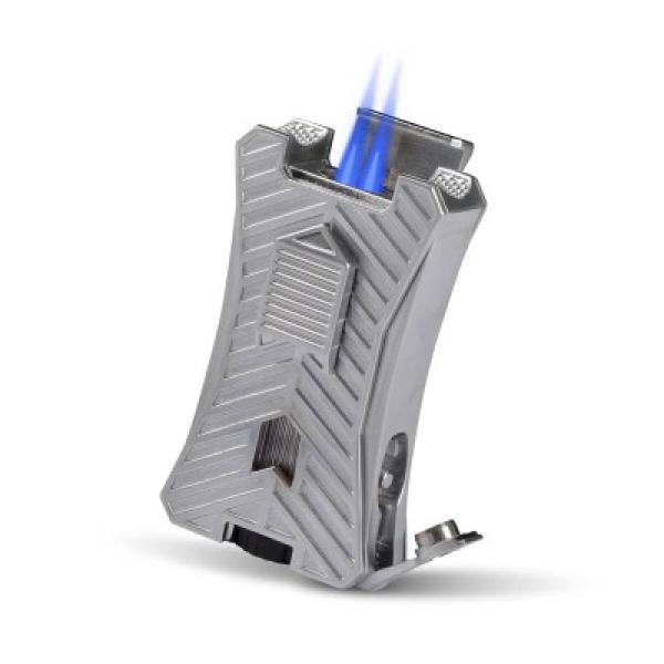 Double jet flame Silver Cigar Lighter with bullet cutter