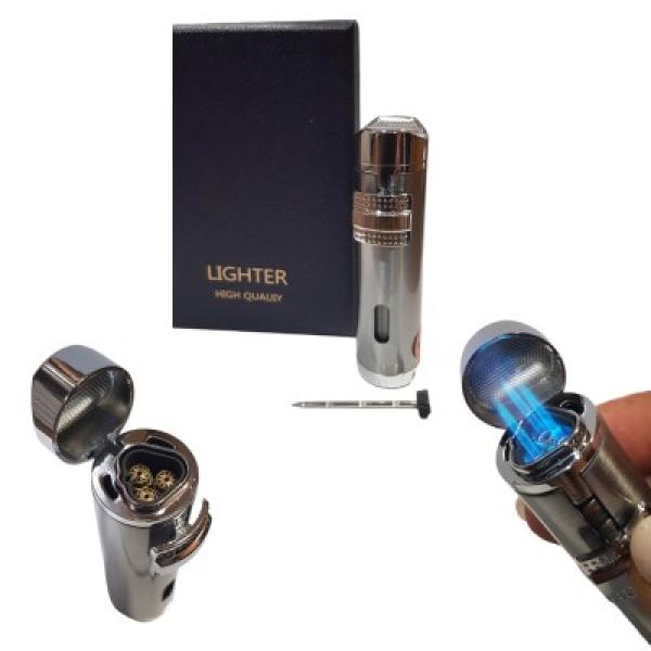 Torch Cigar Lighter with bottom cigar draw tool and top cigar holder