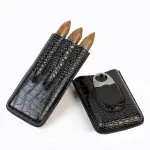 3 Cigar Tubes Case Black Leather and Metal Cigar Cutter Pocket Gift Box