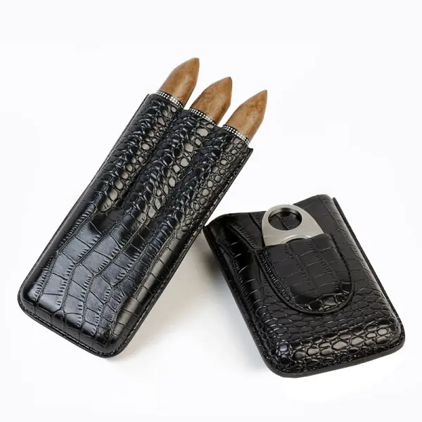 3 Cigar Tubes Case Black Leather and Metal Cigar Cutter Pocket Gift Box