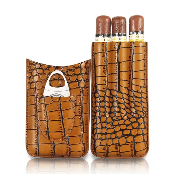Brown Leather Cigar Case Tube Holder 3CT Humidor Travel Portable With Gift Box