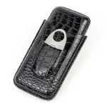 3 Cigar Tubes Case Black Leather and Metal Cigar Cutter Pocket Gift Box