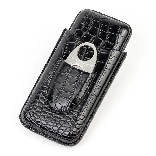 3 Cigar Tubes Case Black Leather and Metal Cigar Cutter Pocket Gift Box