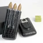 3 Cigar Tubes Case Black Leather and Metal Cigar Cutter Pocket Gift Box